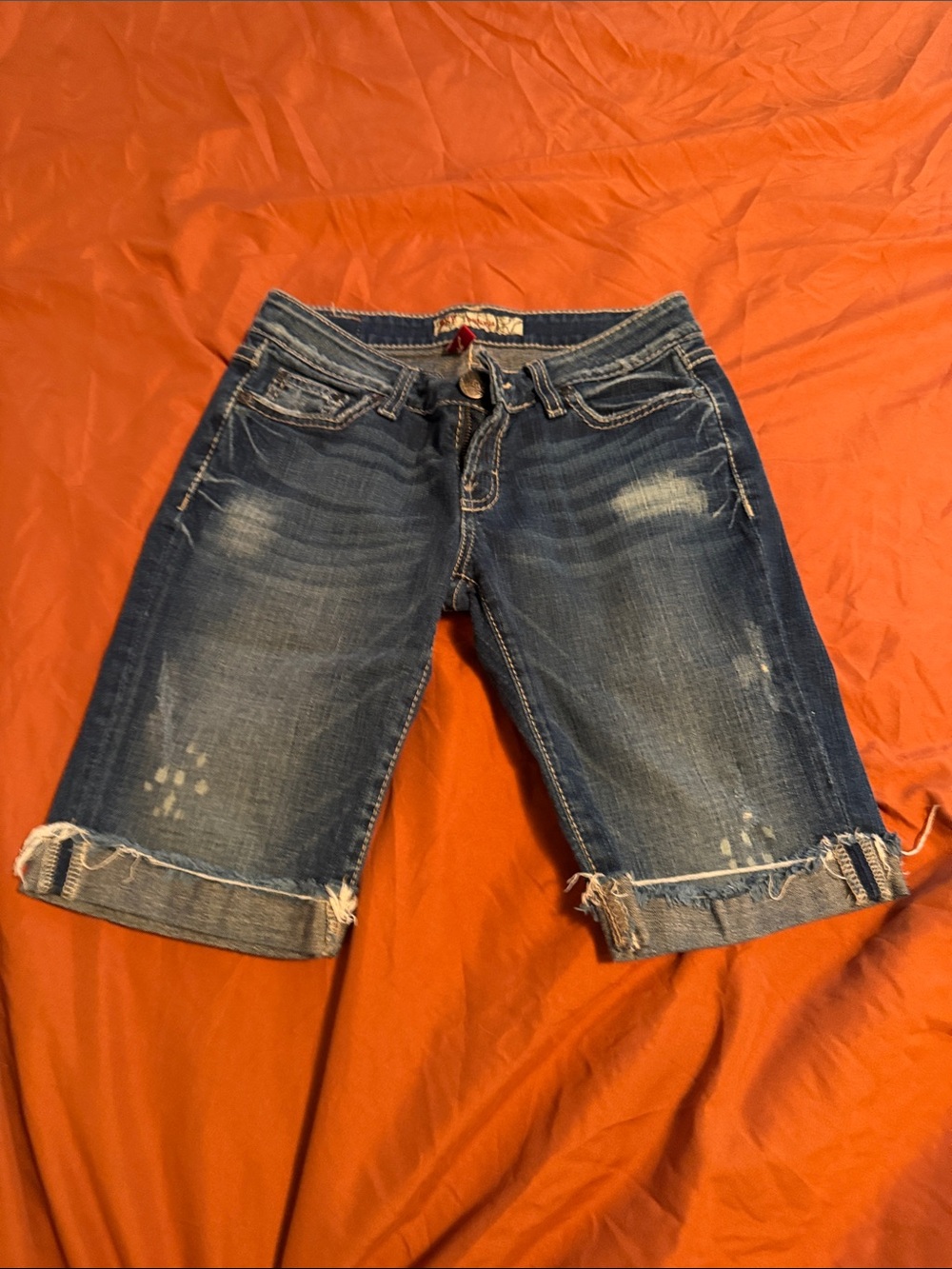 Distressed Dark Blue Denim Bermuda Shorts - Women's